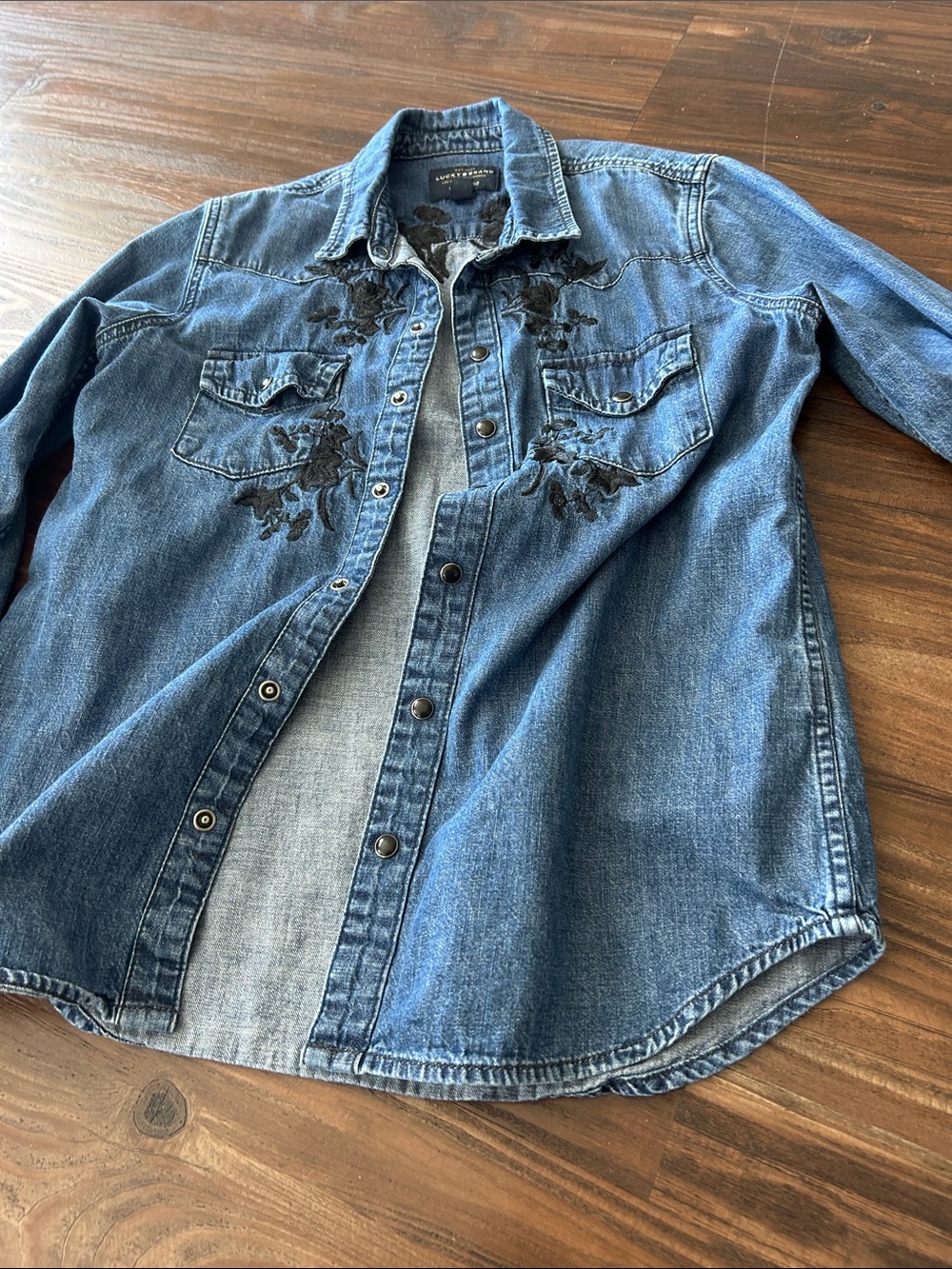 Lucky Brand Blue Denim Shirt with Black Floral Embroidery